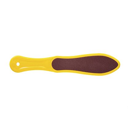 Тёрка ФАСОННАЯ абразивная педикюрная двусторонняя с пластиковой ручкой. Цвет желтый